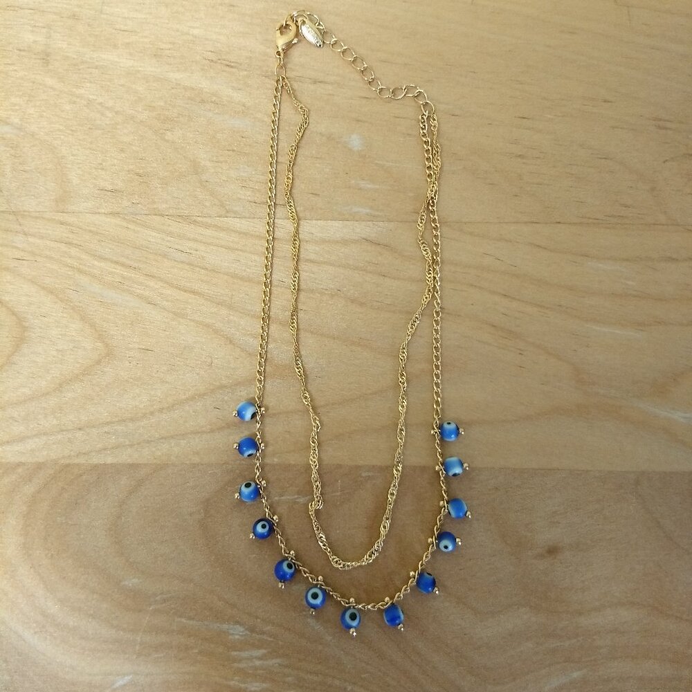 Xuping Two Double Strand Blue Bead Anklet Gold Tone Boho Vacation Resort Classic